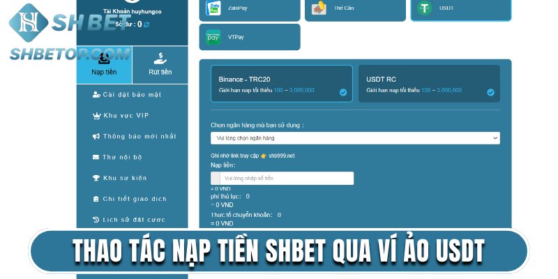 Thao tác nạp tiền Shbet qua ví ảo USDT